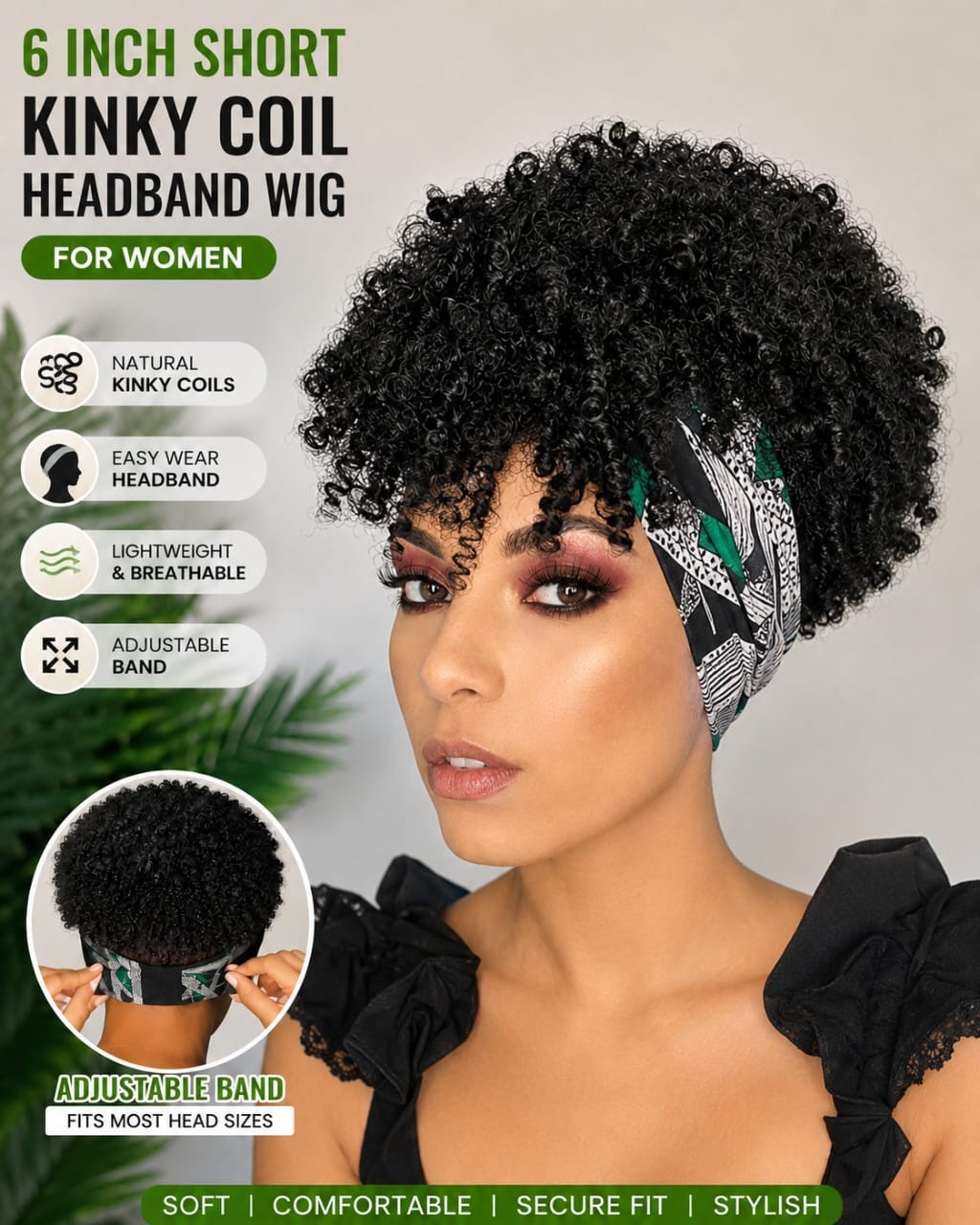 Women’s 6-Inch Short Kinky Coil Headband Wig, Black-White-Green Pattern