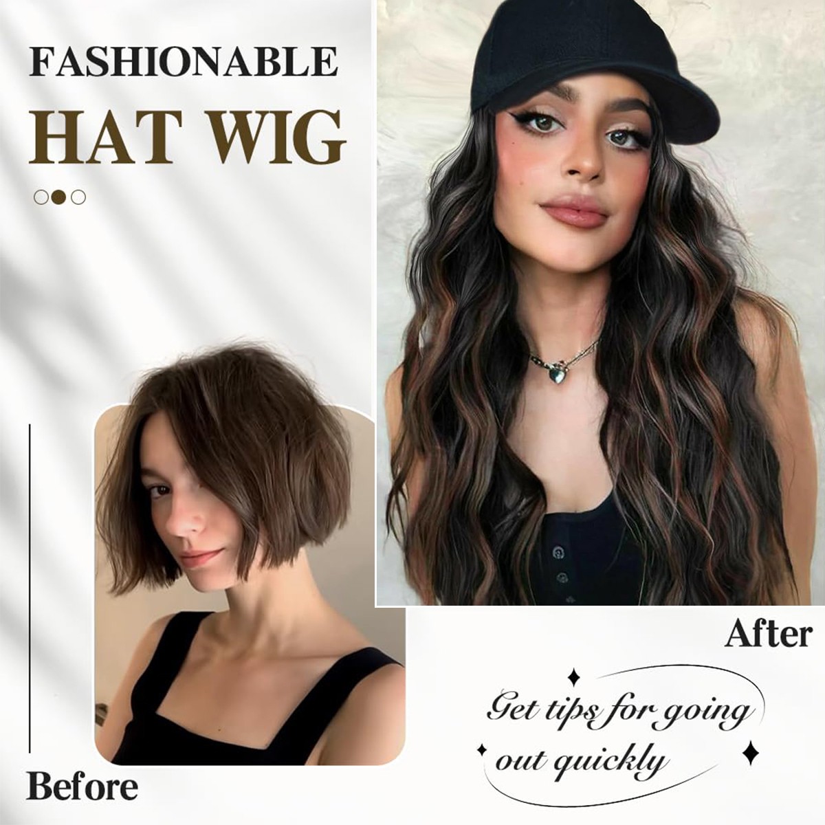 Beanie Hat Wig with 8/11/16/18″ Synthetic Straight&Curly Wavy Hair Knitted Cap