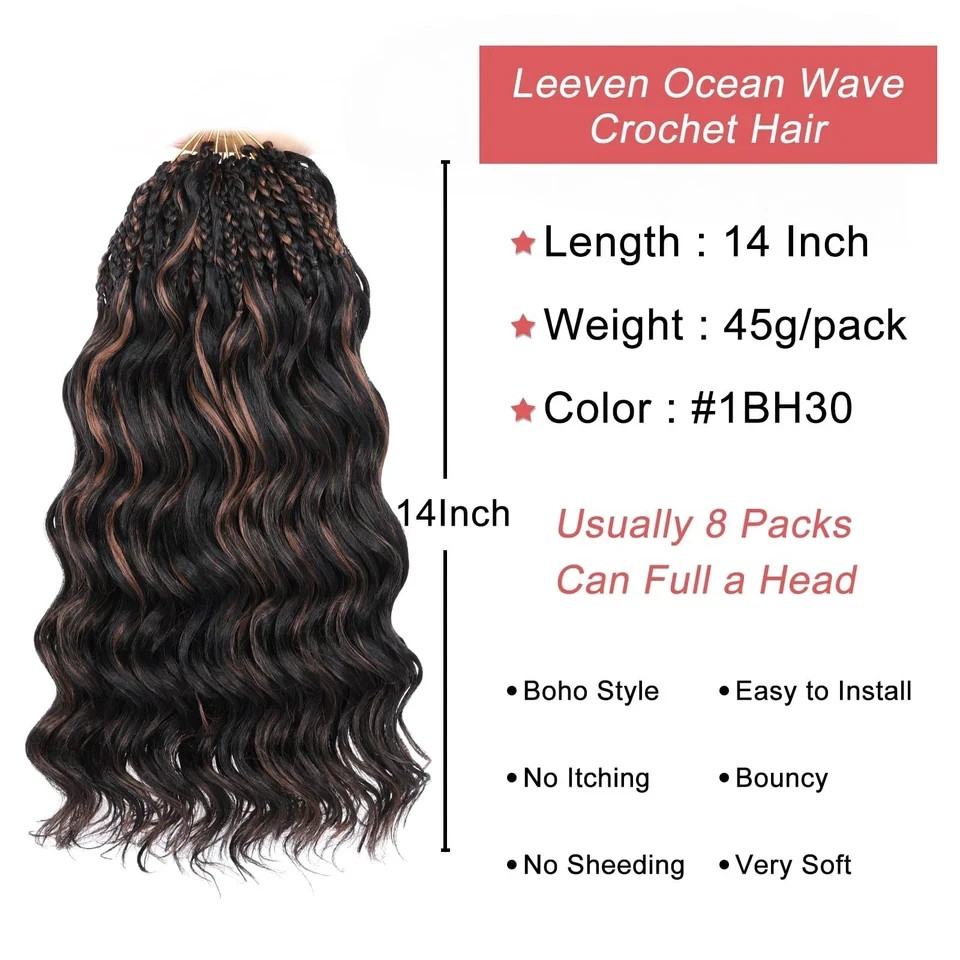 Leeven Pre Looped Ocean Wave Crochet Hair 14 Inch 8 Packs Short Curly Crochet…