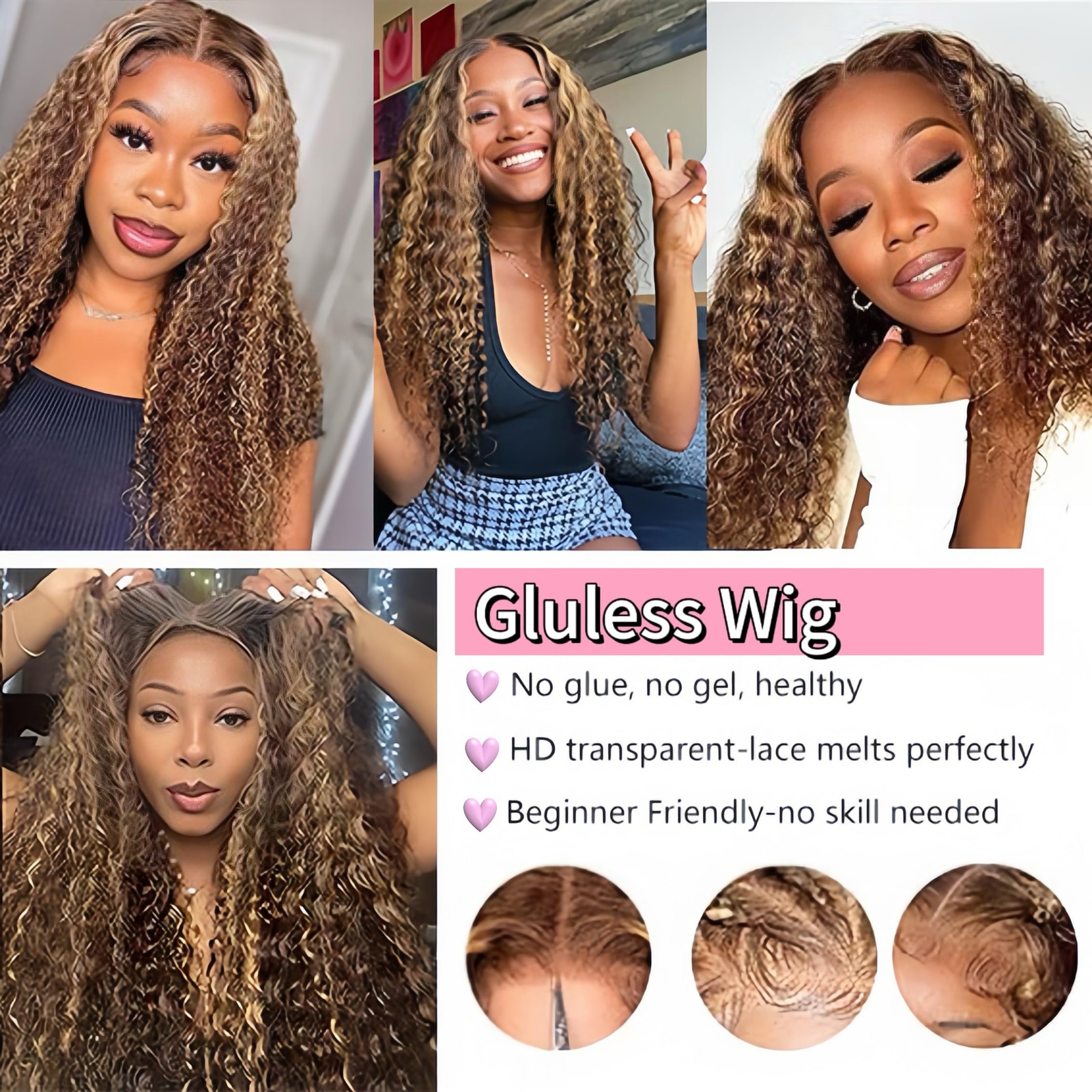 Highlight Ombre 4/27 Human Hair Wear and Go Glueless Wigs Deep Wave Curly Wet…