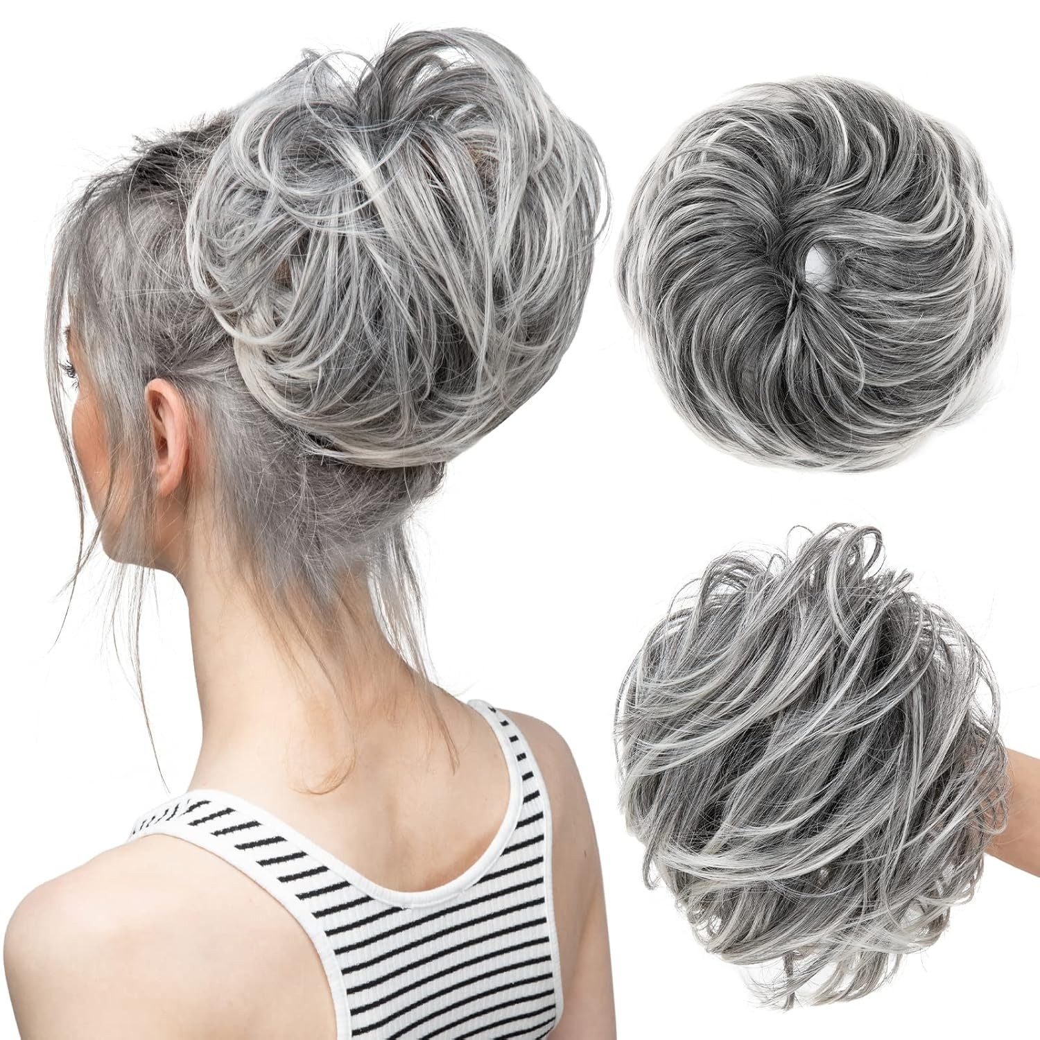 CJL HAIR Large Messy Bun Hair Piece Wavy Curly Scrunchies S-Salt and Pepper