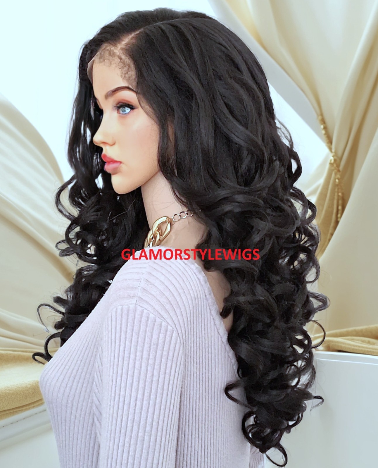 32″ LACE FRONT FULL WIG LONG CURLY LAYERED SIDE PART OFF BLACK #1B NWT