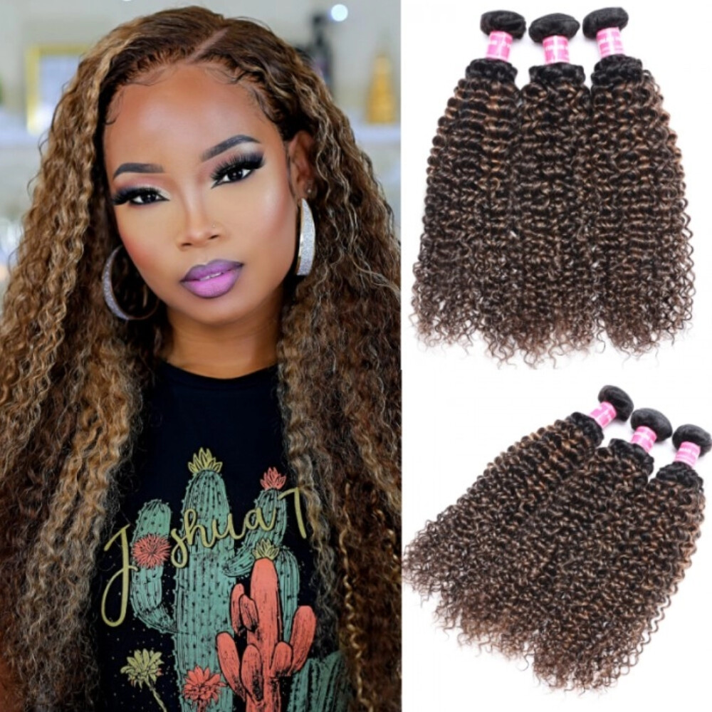 UNice Cambodian Ombre Balayage Brown Curly 3 Bundles Human Hair Extension Weaves
