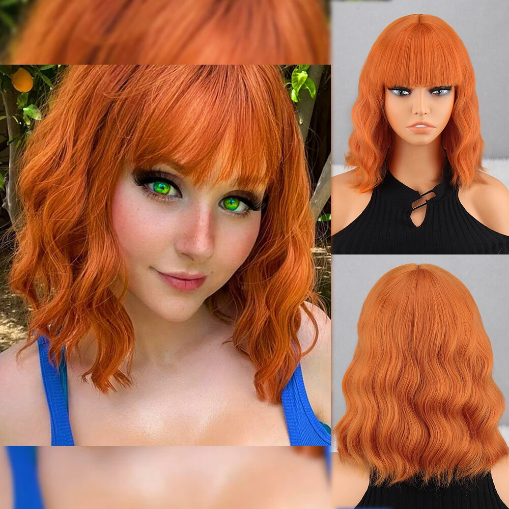 New Short Brown Synthetic Wig Women’s Bangs Dark Blue Pink Black Wig Party Use
