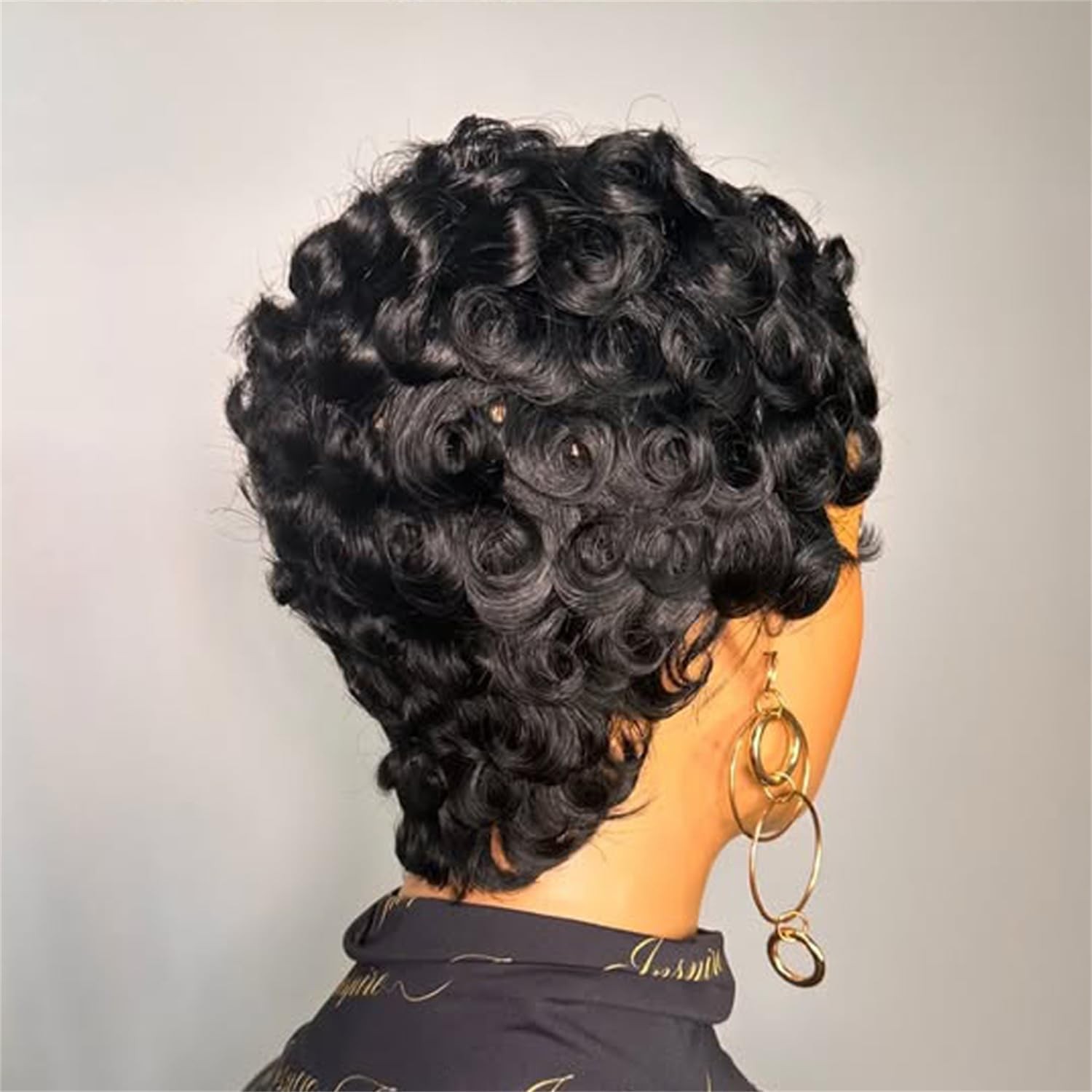 Black Women Human Hair Wigs 1B Color Curly Pixie Cut Finger Wave Style Short