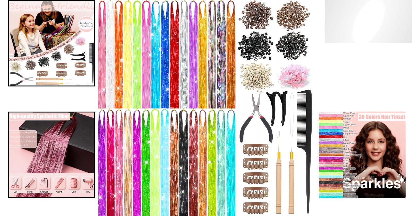 30-Color Hair Tinsel Kit with 48-Inch Sparkling Glitter Extensions for All Oc…