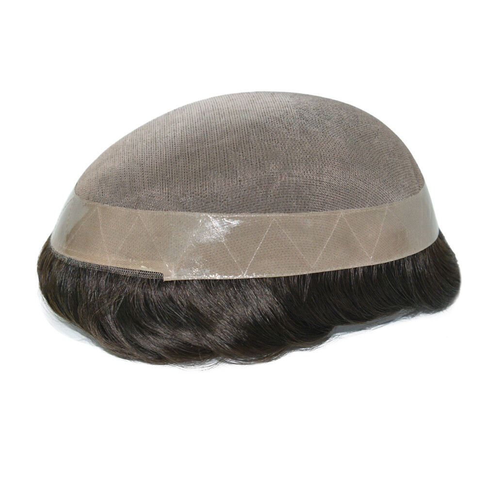Mens Human Hair Replacement System Hairpiece Fine Mono Poly Skin Toupee BROWN