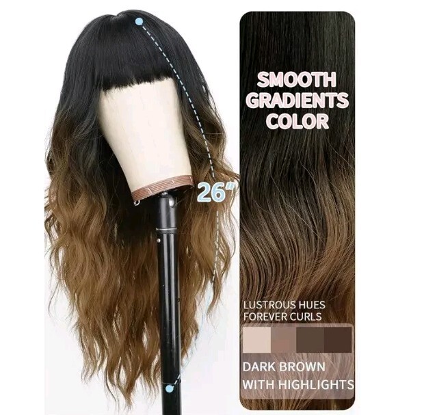 AISI HAIR Wig with Bangs Black To Brown Long Wavy Wig