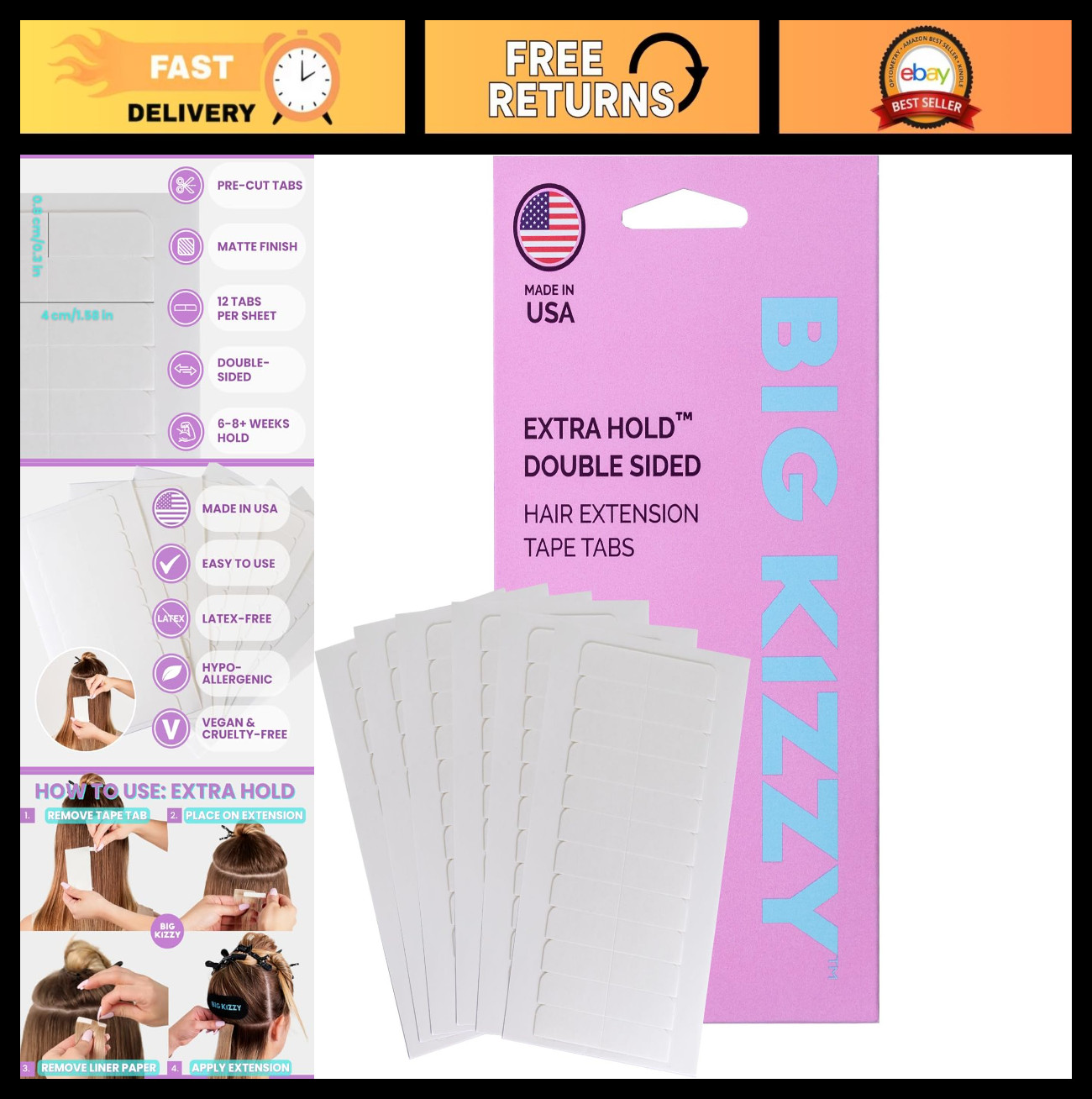 Extra Hold Double Sided Hair Extension Tape – 72 Tabs, Strong 6-8+ Weeks Hold