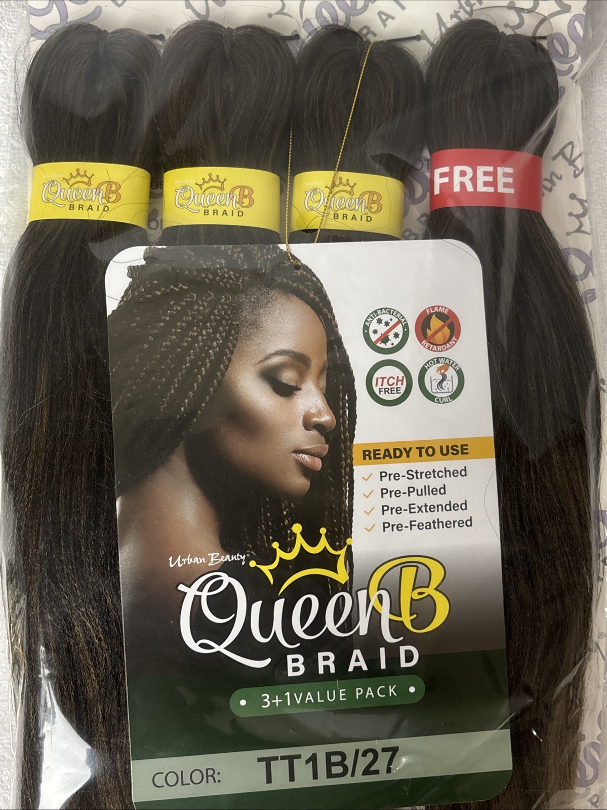 URBAN BEAUTY Queen B 3 + 1 VALUE PACK PRE-STRETCHED BRAIDING HAIR 50″ TT1B/27