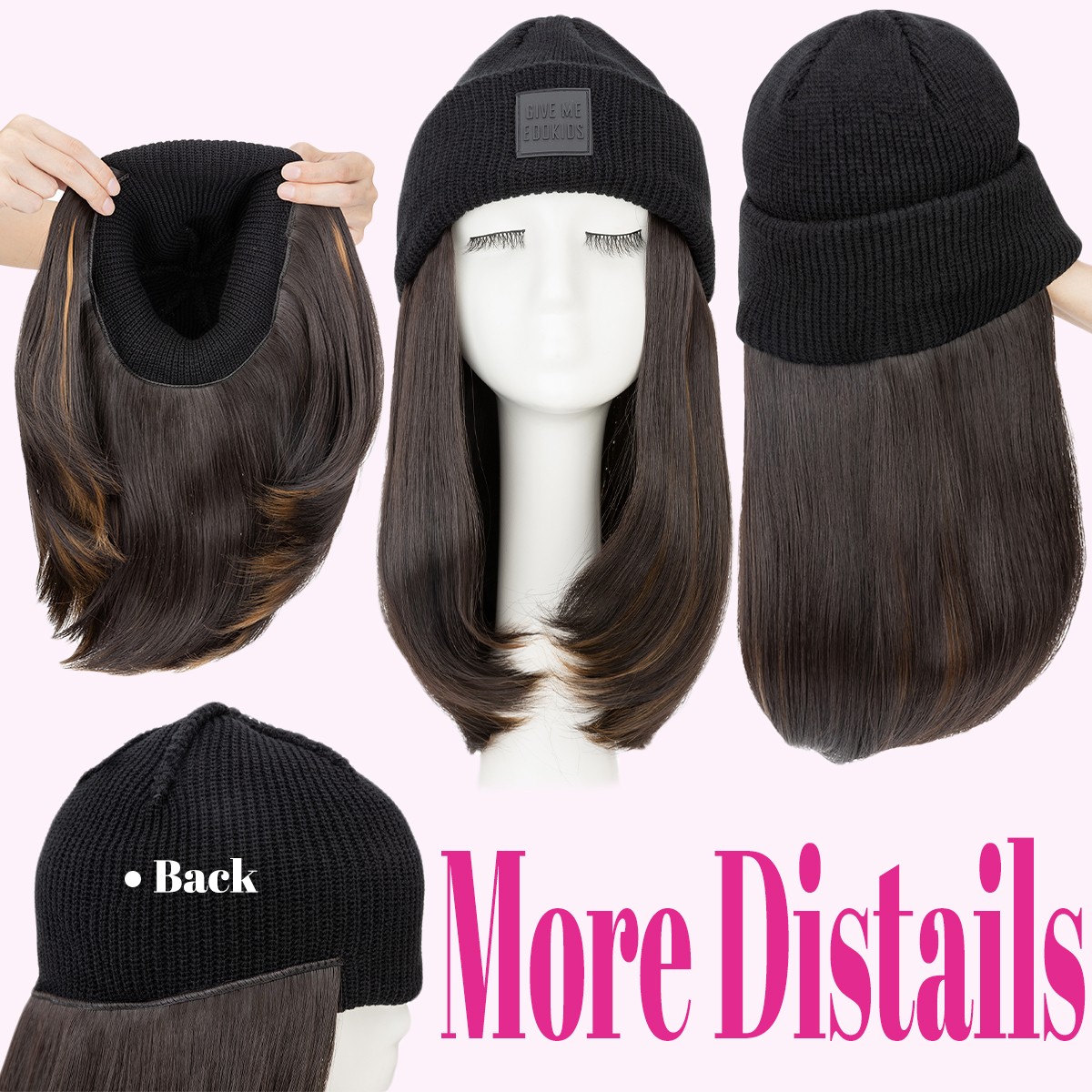 Beanie Hat Wig with 8/11/16/18″ Synthetic Straight&Curly Wavy Hair Knitted Cap