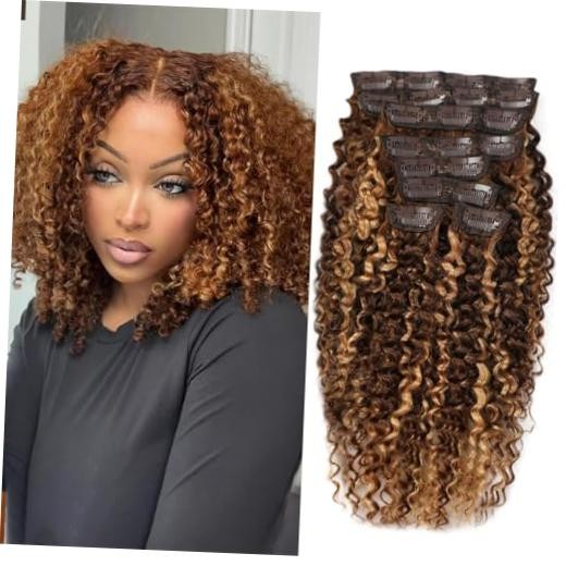 Highlight Ombre Honey Blonde 4/27 Kinky Curly Clip Ins 12 Inch 12“ Clip-4/27