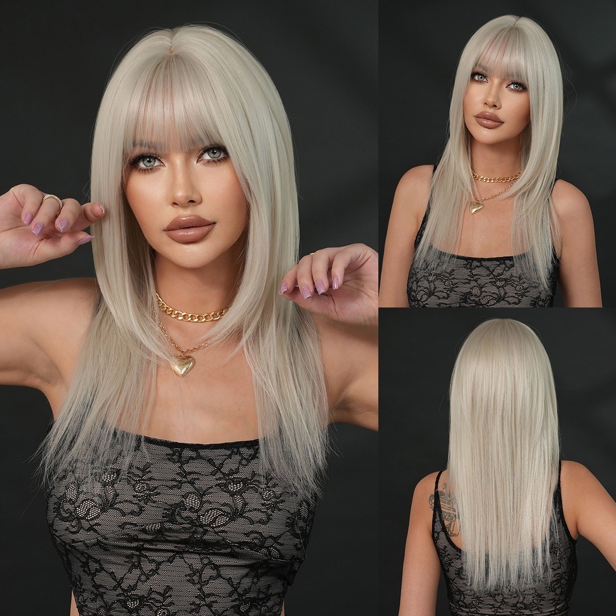 Silver-white layered straight hair with air-blowed bangs for a party wig