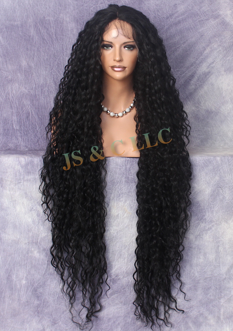 48 ” EXTRA LONG Human Hair Blend Lace Front Wig Black Water Wave Heat OK JSEP