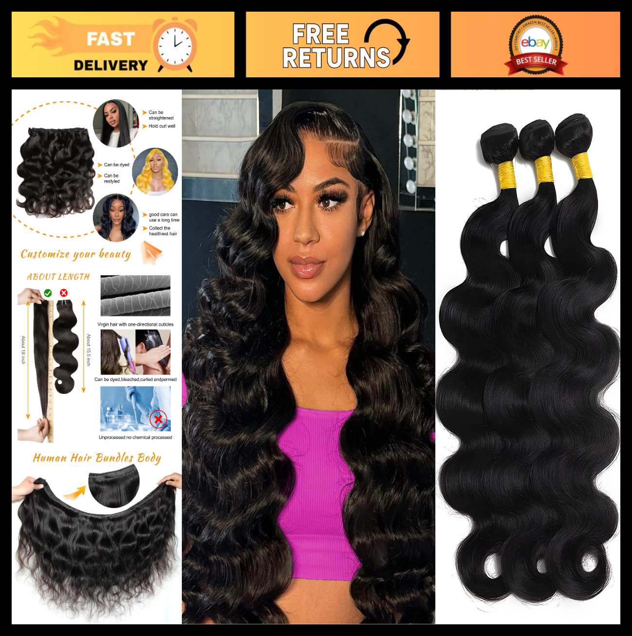 14A Brazilian Body Wave Hair Bundles 100% Real Virgin Human Hair Extensions 22-2