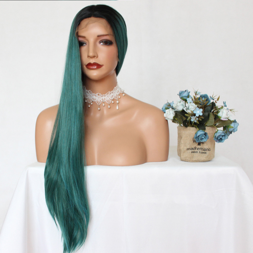 Ombre Green Color Long Synthetic Lace Front Wig Full Hair Wig Straight Heat Safe