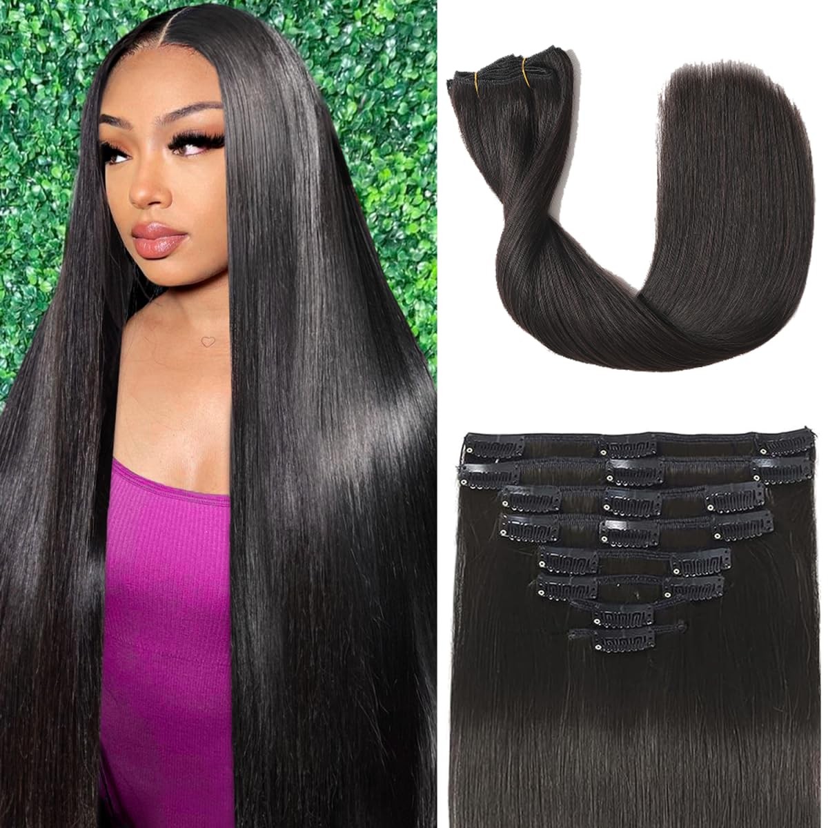 Clip in Hair Extensions Real Human Hair, 100g/3.6oz, Clip in 100% Brazilian R…