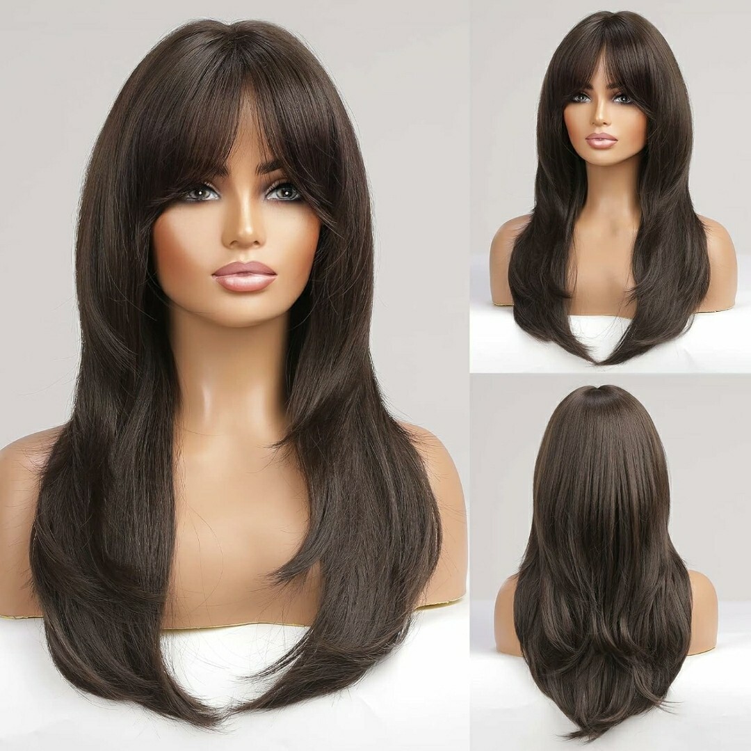 Wig – Human Hair Blend – Long Straight Layered Dark Brown Bangs Heat Resistant
