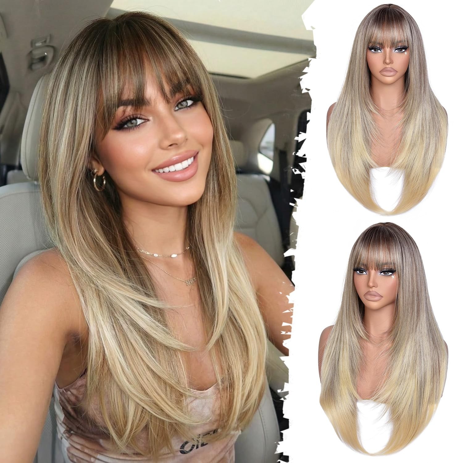 Long Layered Blonde Wig with Bangs Straight Synthetic Wig for Women 26 Inch