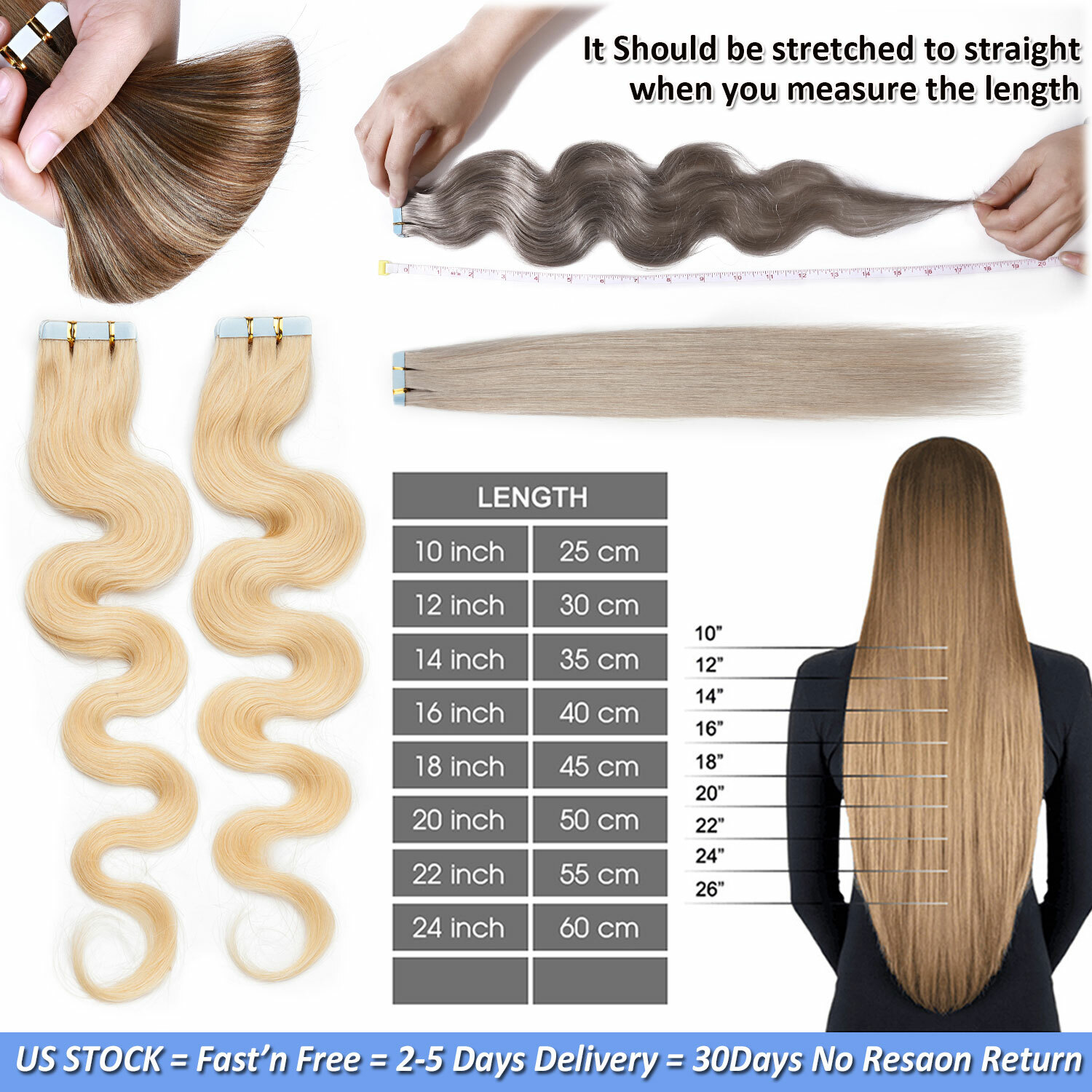 20PCS Mix Tape In 100% Remy Human Hair Extensions Full Head Skin Weft Body Wave