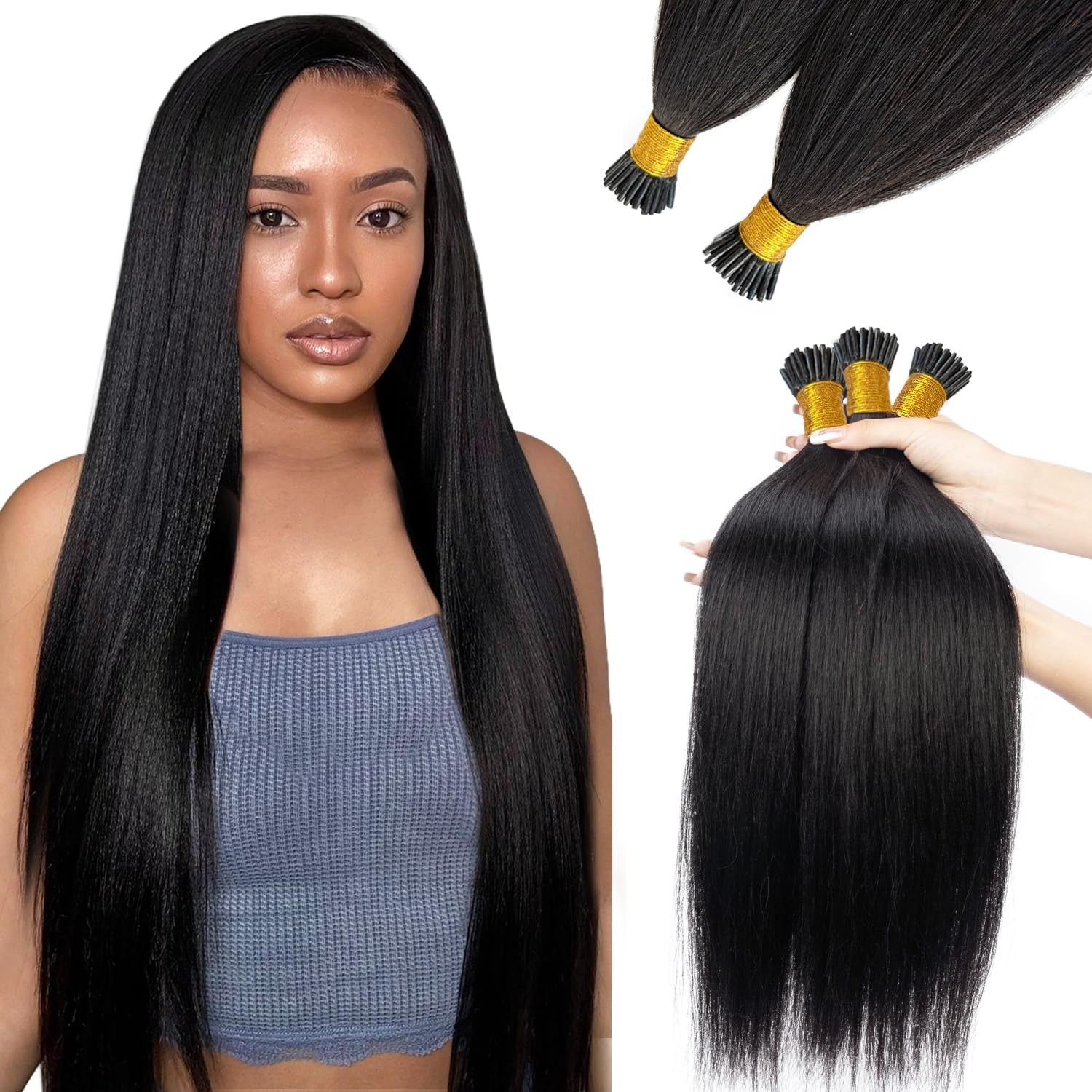 Licoville Yaki I Tip Hair Extensions Real Human Hair 1B Natural Black I Tip