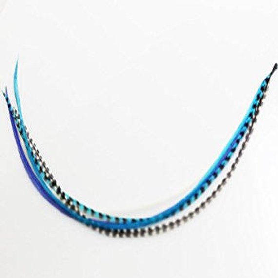 4-6 inch True Blue Grizzly 100% Real Hair 5 Feather Extensions bonded at the tip