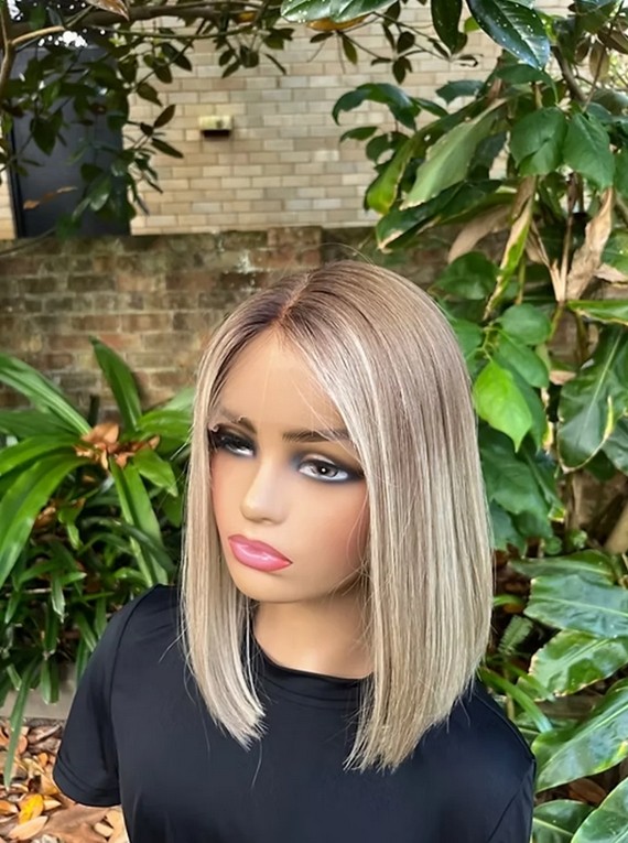 Ombre Ash Blonde Dark Straight 13×4 Lace Frontal 100% Human Hair Wig