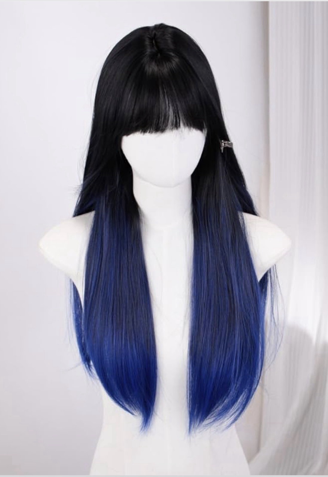 Cos Wig Ombré Blue Black Matte Straight Heat Resist Realistic Scalp + Cap Bangs