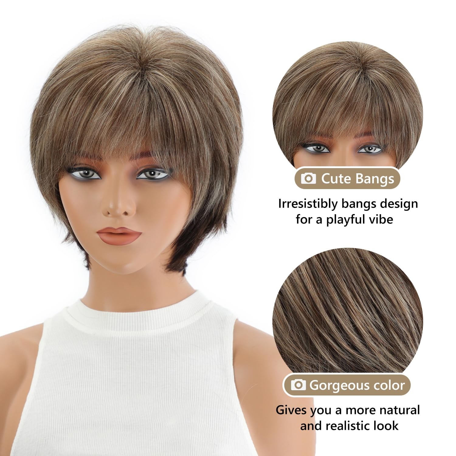 SEVENCOLORS Short Hair Wigs with 22.5 Inch (Pack of 1), Brown mixed blonde