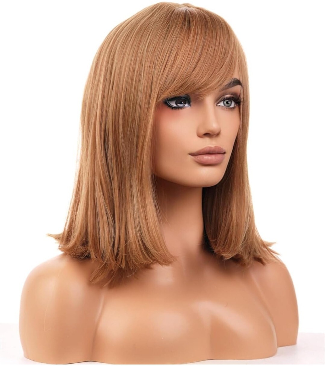 Wig – Human Hair Blend – Straight Layered Strawberry Blond Bangs Heat Ok