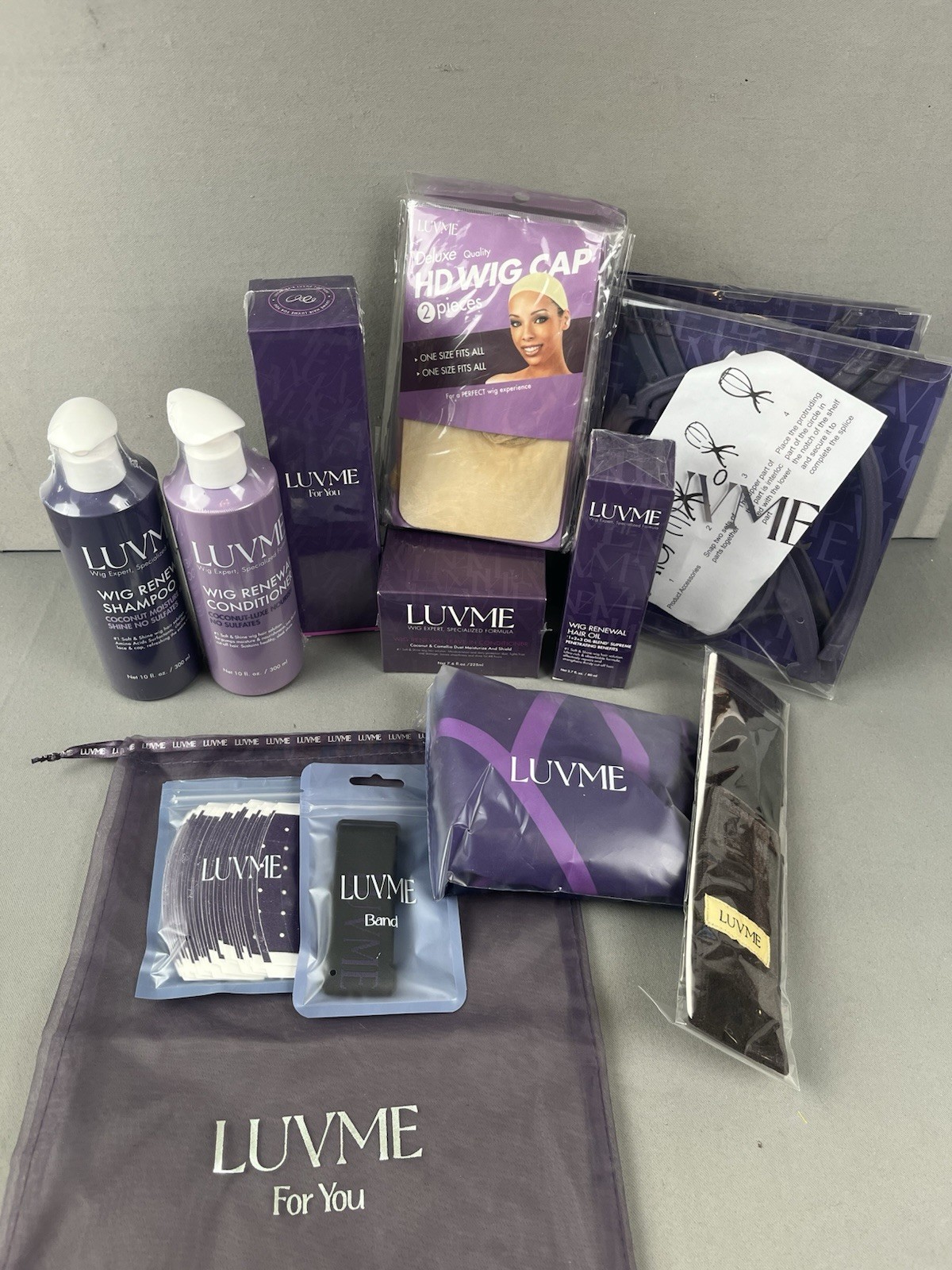 LuvMe Wig Hair Care Product Lot – Shampoo Conditioner Hair Oil Cap Stand Band