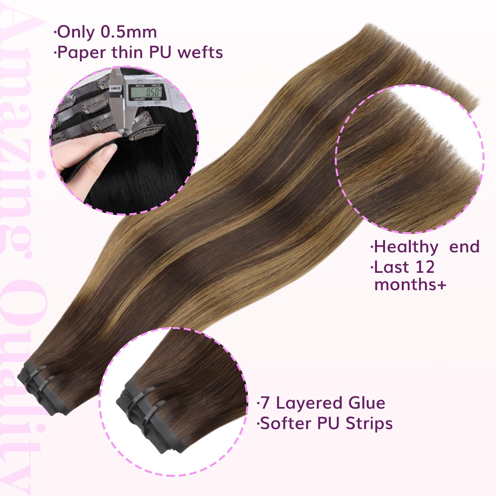 Seamless Clip In Hair Extensions Human Hair 4/27/4 Balayage Chocolate Brown t…