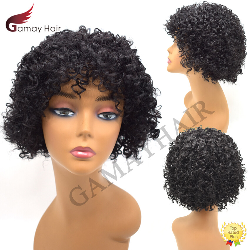 Afro Kinky Curly Short Soft Human Hair Women Wig with Bangs Natural Brazilian US