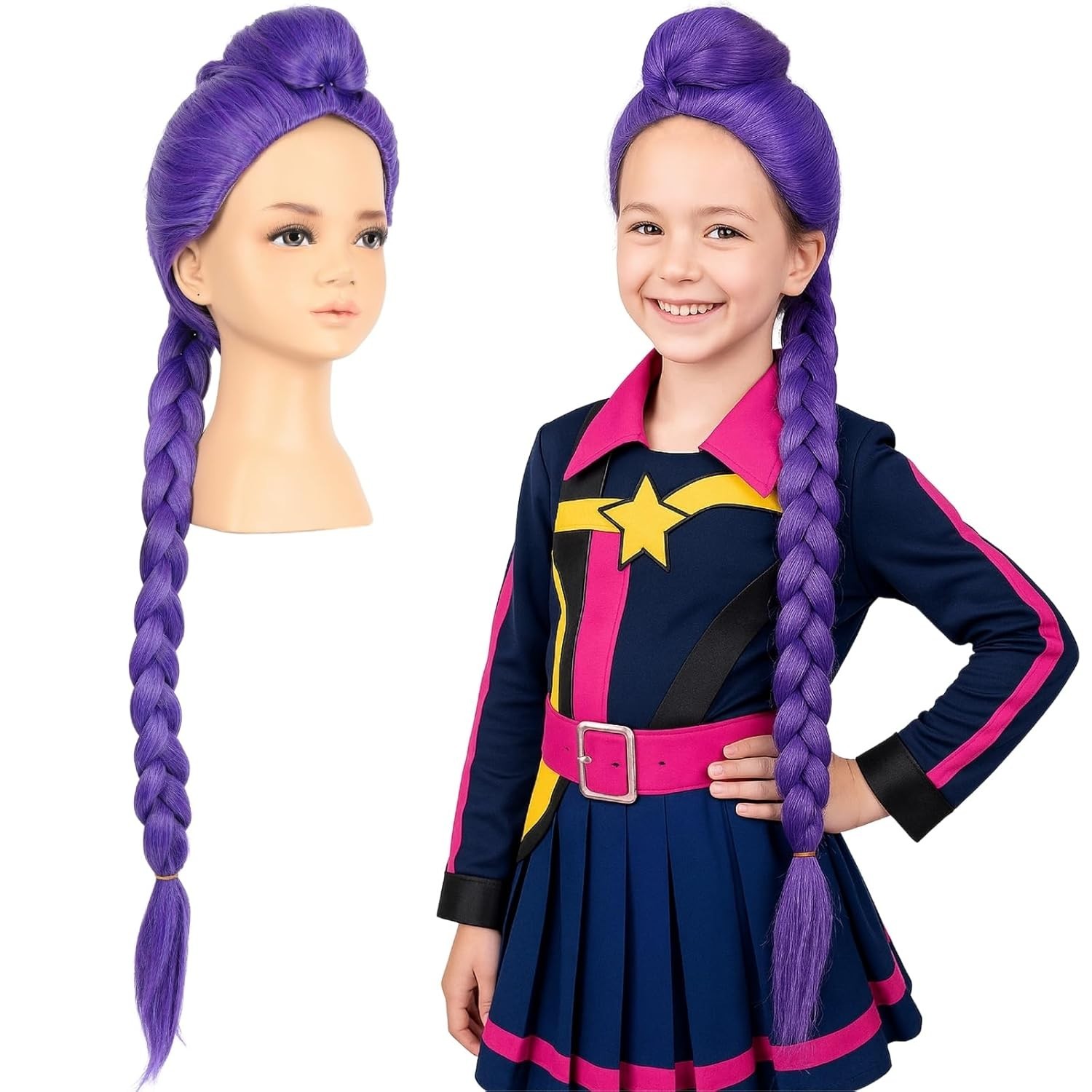 KPop Demon Hunter Rumi Wig Kid Size Purple Long Braided Ponytail Halloween