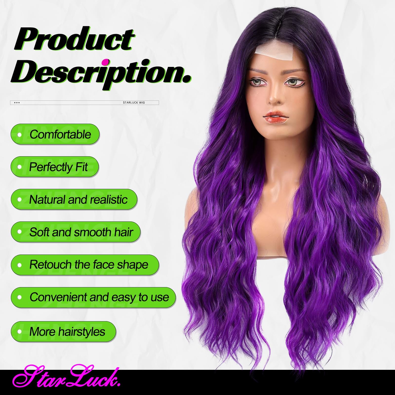 Long Ombre Purple Wavy Wig for Women 26 Inch Middle Part Curly Wig Natural Lo…