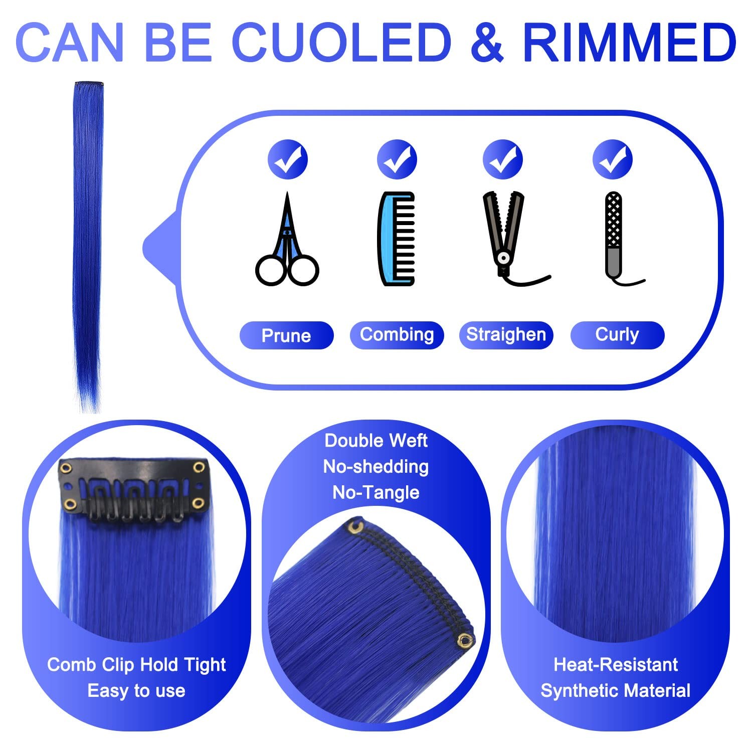 12 PCS Red and Blue Hair Extensions Clip in,Colored Party 21inch Highlights Stra