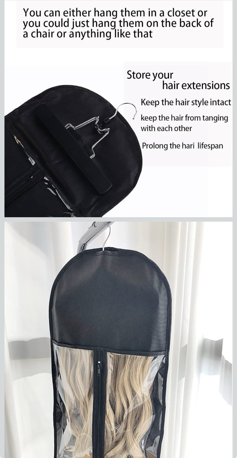 Hair Extension Storage Bag Anti-Slip Hanger, Clear Front, Zipper 23.6 in