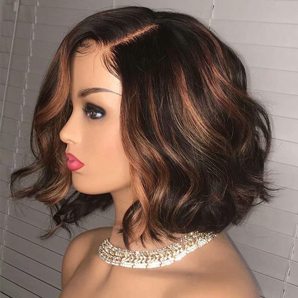 Highlight Ombre 1B/#30 180 Density Short Bob Body Wave Human Hair Lace Front Wig