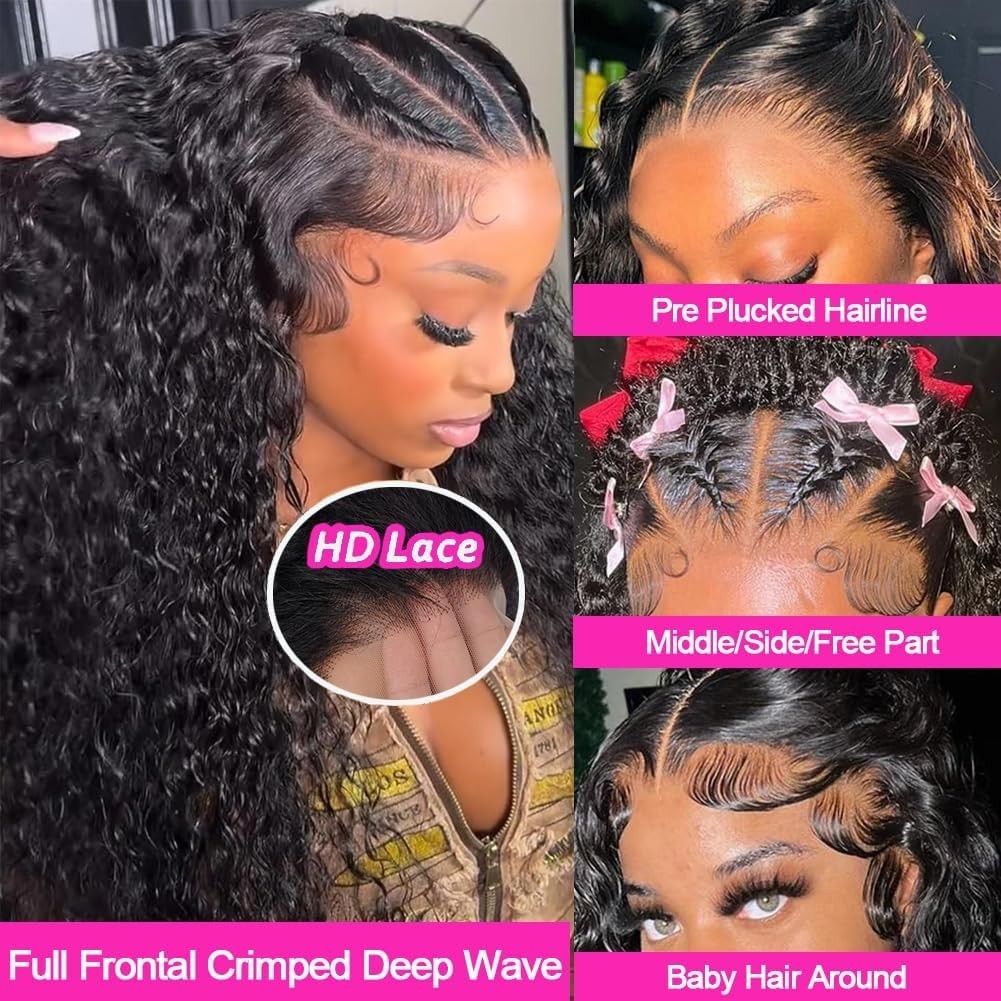 30″ Deep Wave Lace Front Wig – 200 Density Human Hair, HD Frontal, Pre-Plucked,