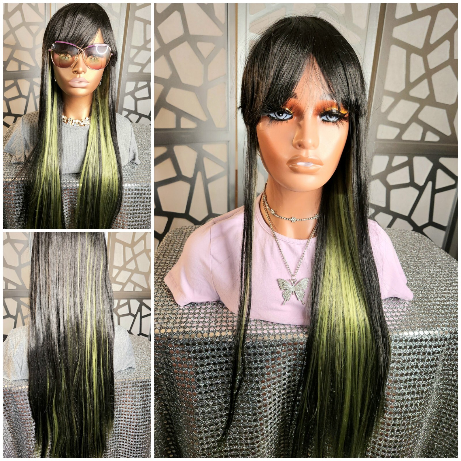 28″ Straight Long Wig With Bangs Black Green Wig Ombre Green Wig With Bangs