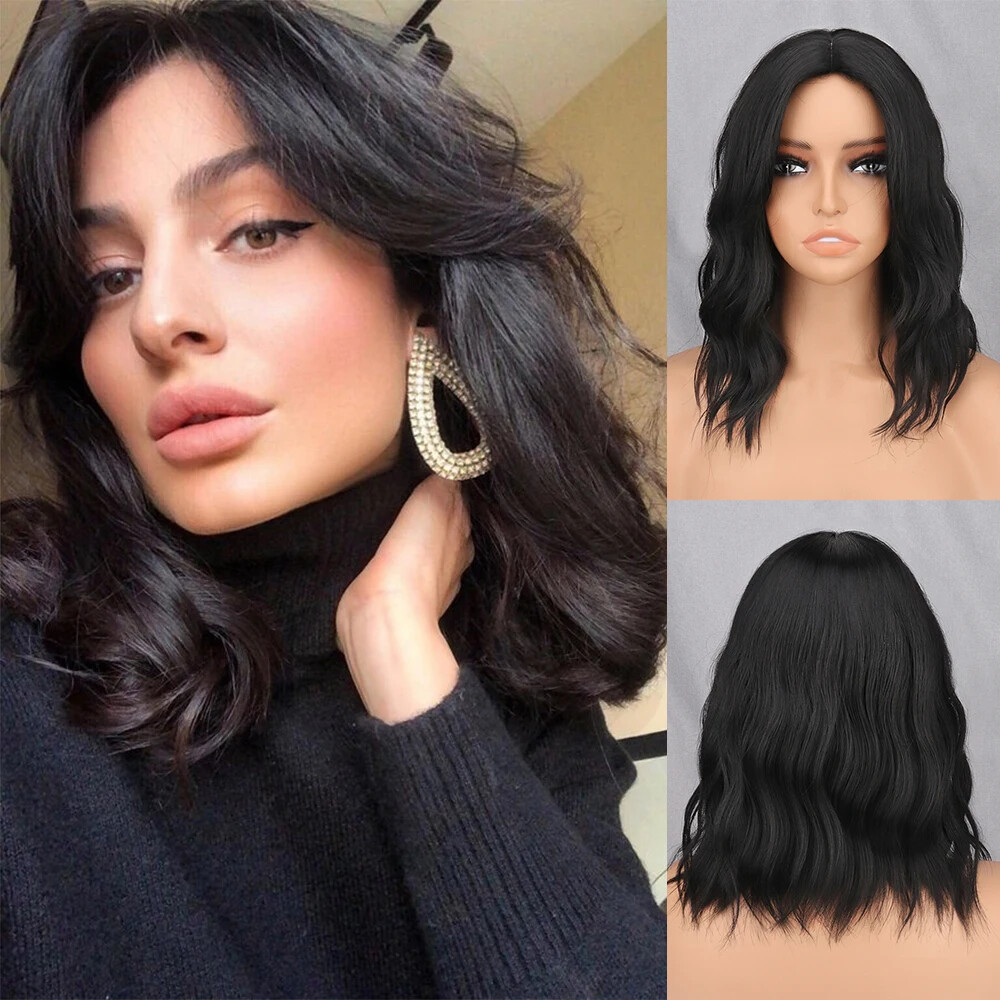 New Short Brown Synthetic Wig Women’s Bangs Dark Blue Pink Black Wig Party Use