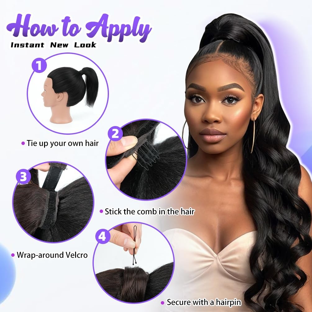 Winsky 14 Inch Human Hair Ponytail 80G Long Wrap Around Ponytail Natural Black