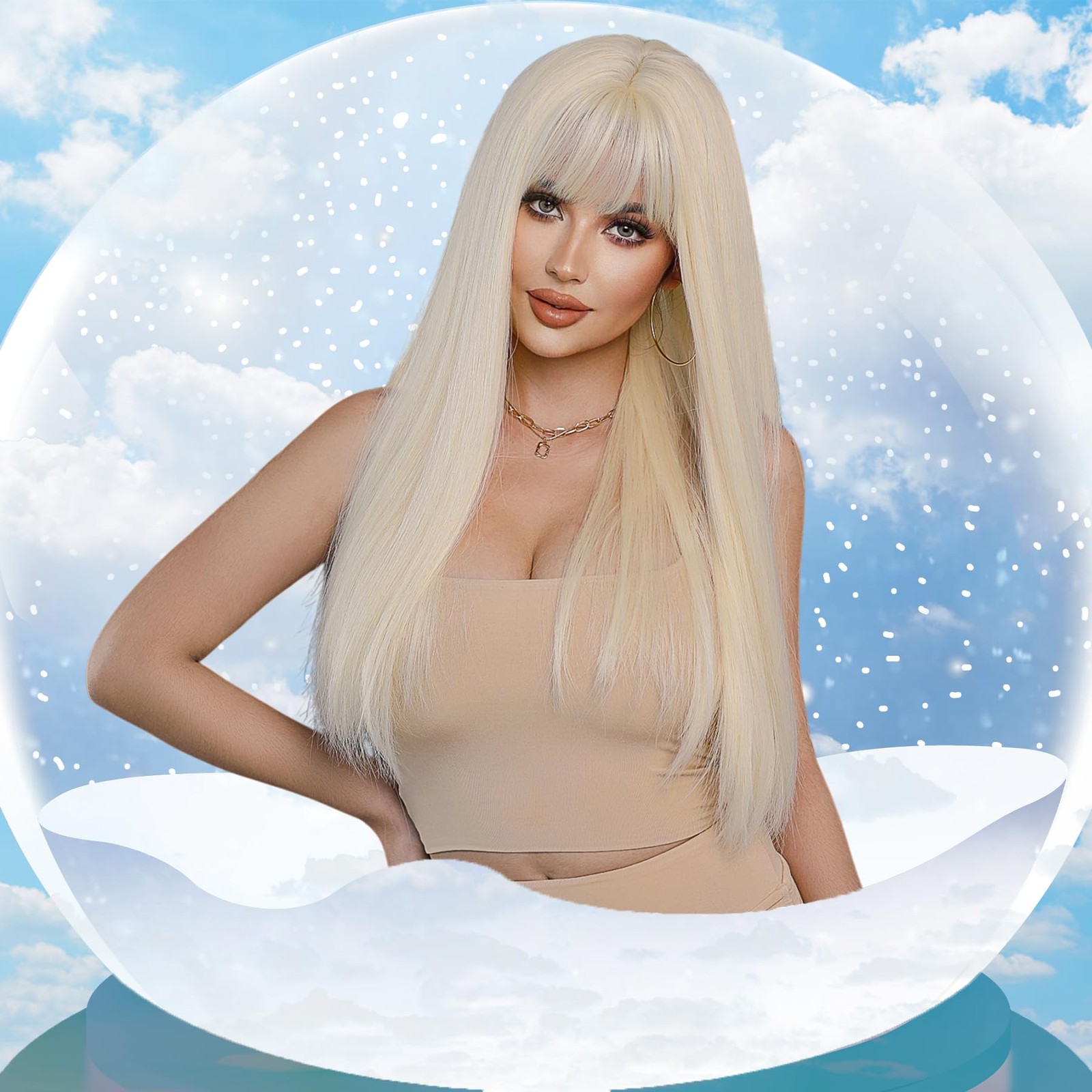 26Inch Long Straight Wig with Bangs 613 Blonde Wig Heat Resistant Synthetic W…