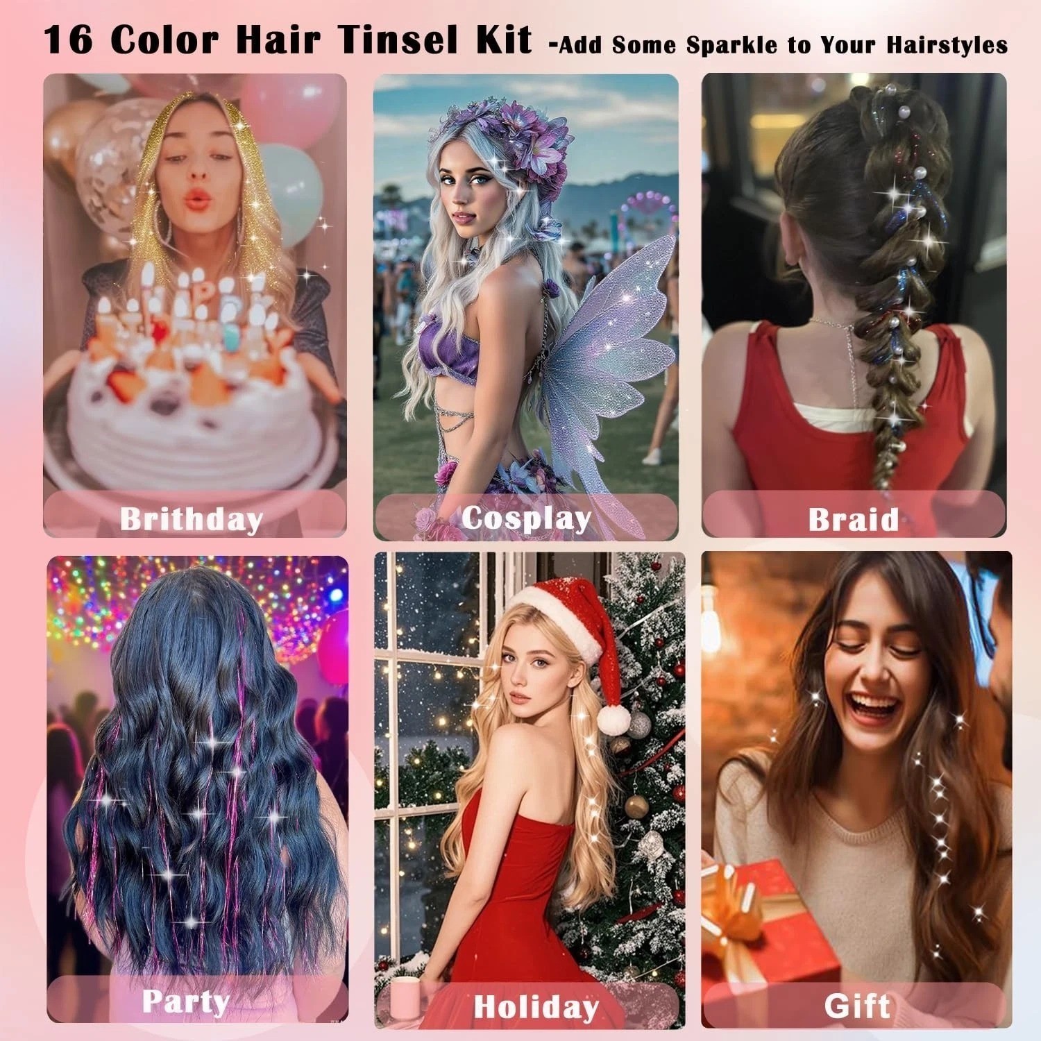 Hair Tinsel Kit, 16 Colors 7200 Strands Glitter Tinsel Hair Extensions Heat Resi