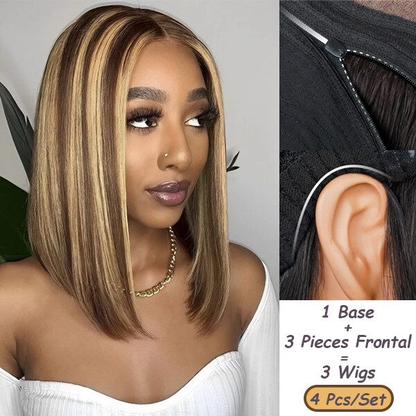 Replaceable Brown Human Hair Lace Front Wig Pre Cut Mixall Four-Piece Set Wigs
