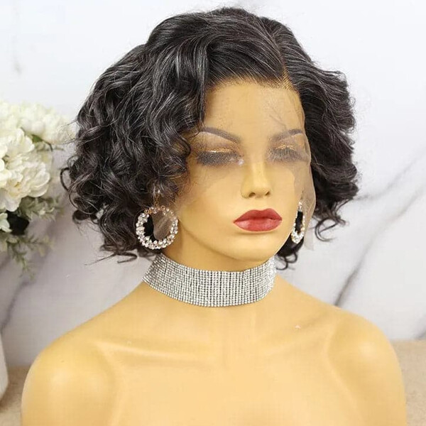 Short Black Grey Curly Human Hair Wigs Pixie Lace Front Glueless Soft Remy Wigs