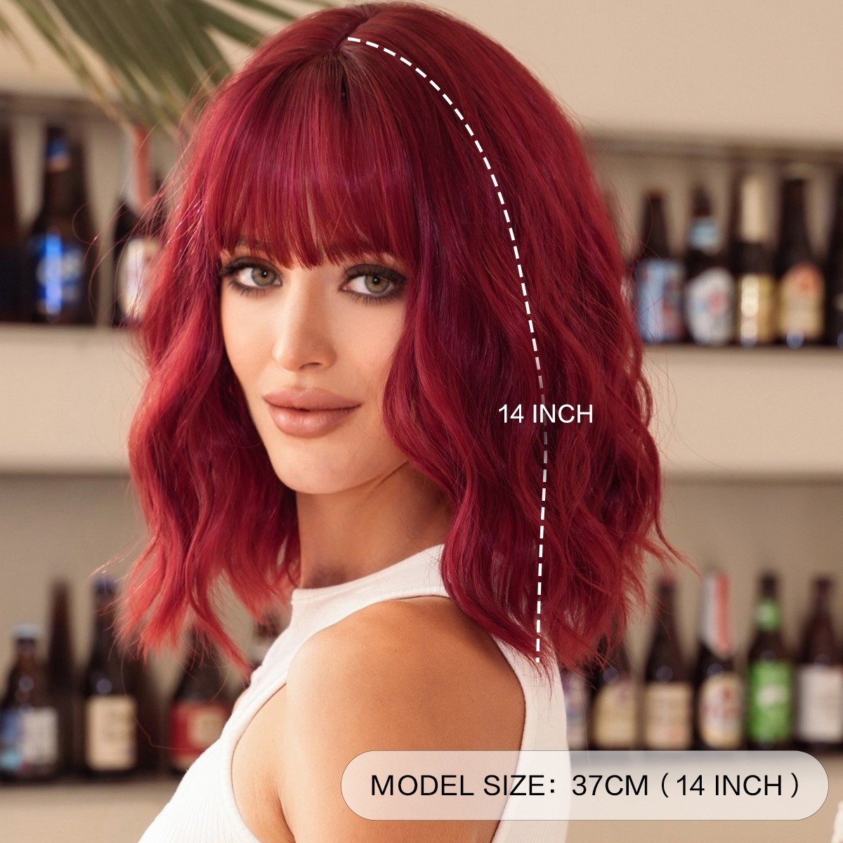 Red wine color 12-inch short curly wig for women with a straight Bob hairstyle