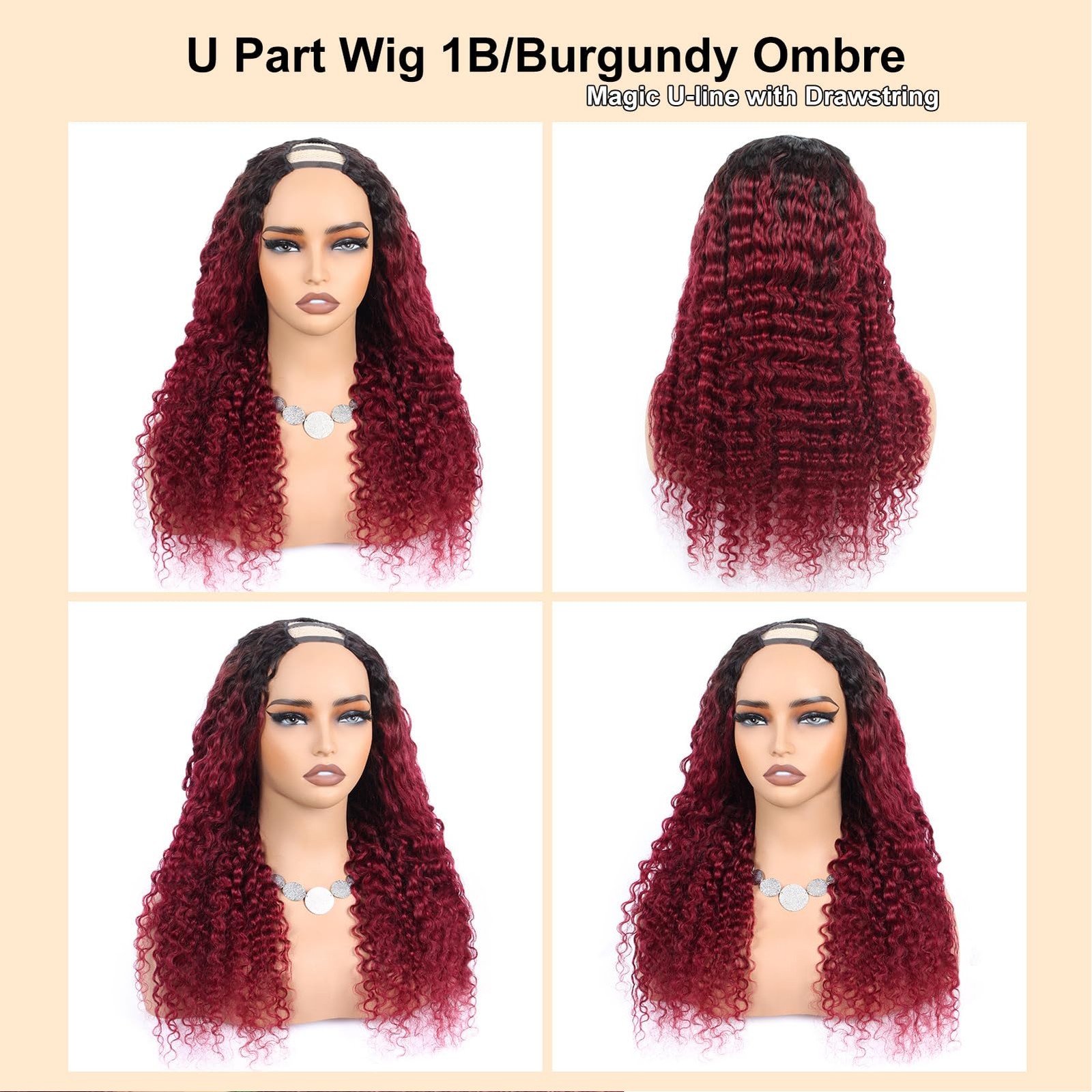 Royal Impression 1B/Burgundy U Part Human Hair Wig Deep Wave 22 Inch 200