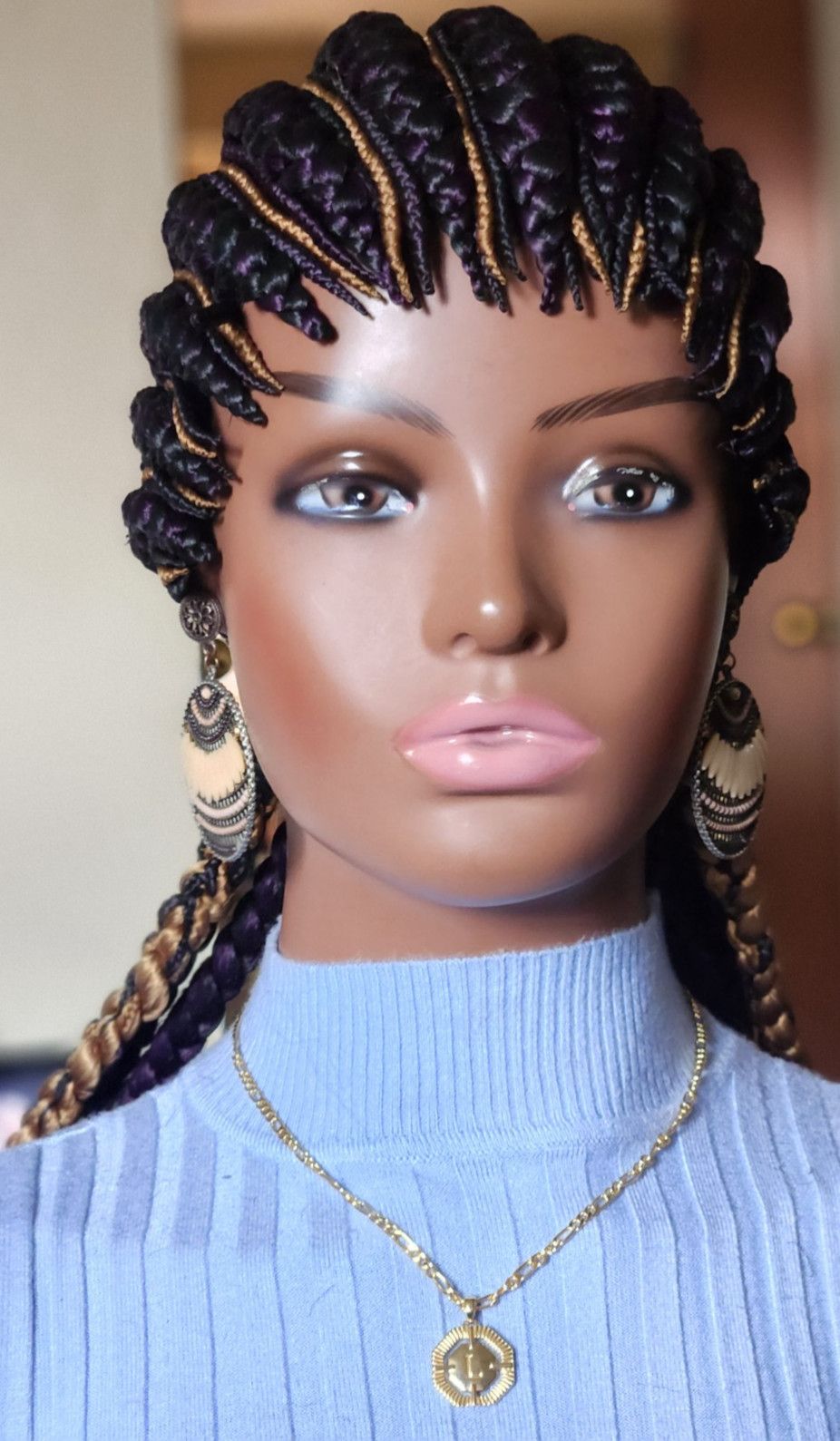 Fully hand braided Ghana banana cornrows wig All back down 1B mix dark purple/27