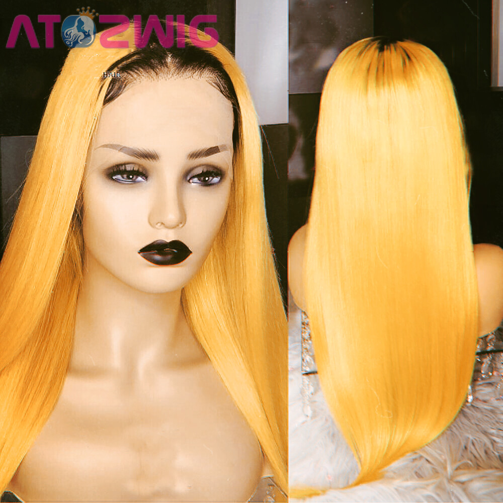 Long Straight Orange Yellow Lace Front Wigs with Dark Roots Lace Wigs